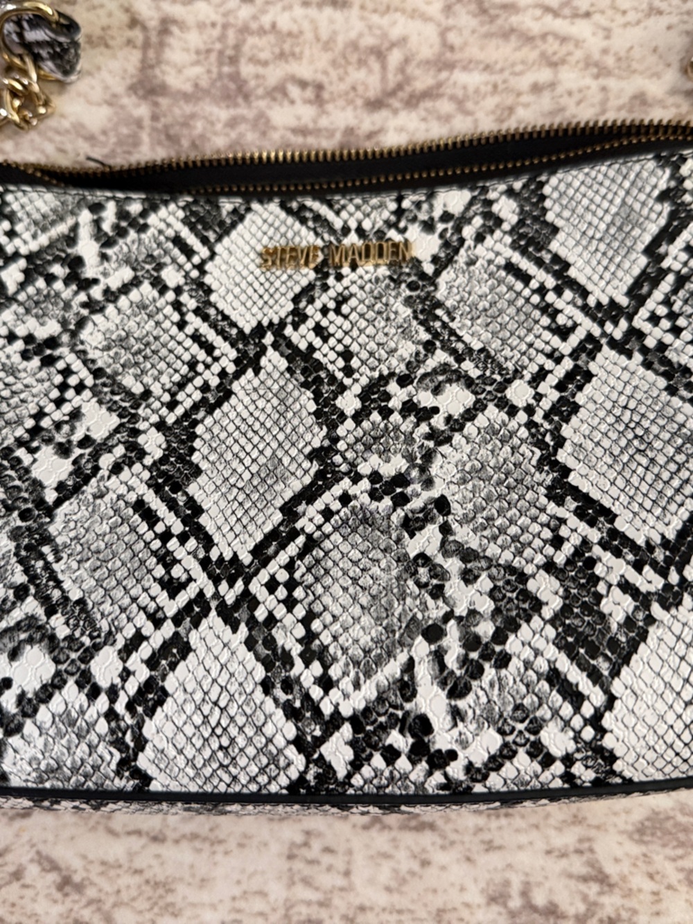 Steve Madden Black & White Snake-Print Crossbody with Gold Chain